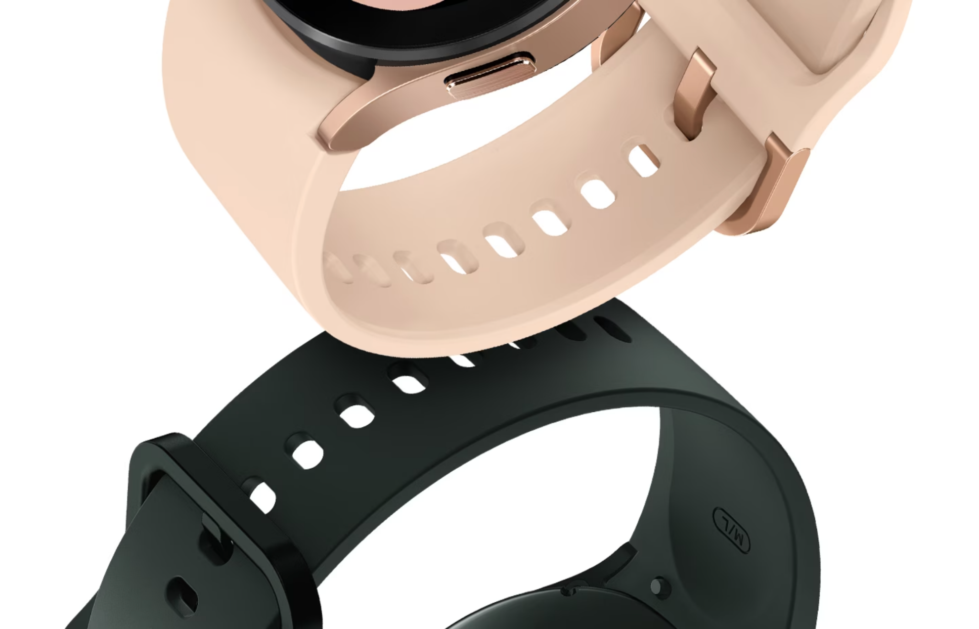 A Galaxy Watch4 with a Pink Gold color sport band is shown on top. On the bottom is another Galaxy Watch4 with a Green color sport band.